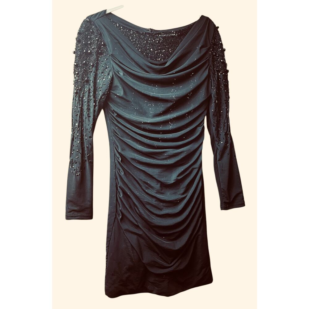 Belle by Badgley Mischka Black Sequined Dress with Black Mesh Overlay Size 6